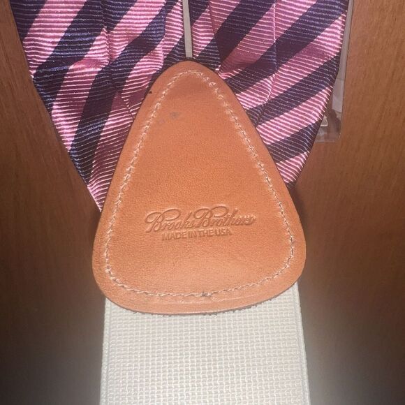 NEW Brooks Brothers Suspenders Braces Navy/Pink Stripe Adjustable Y Back Leather - Picture 6 of 7